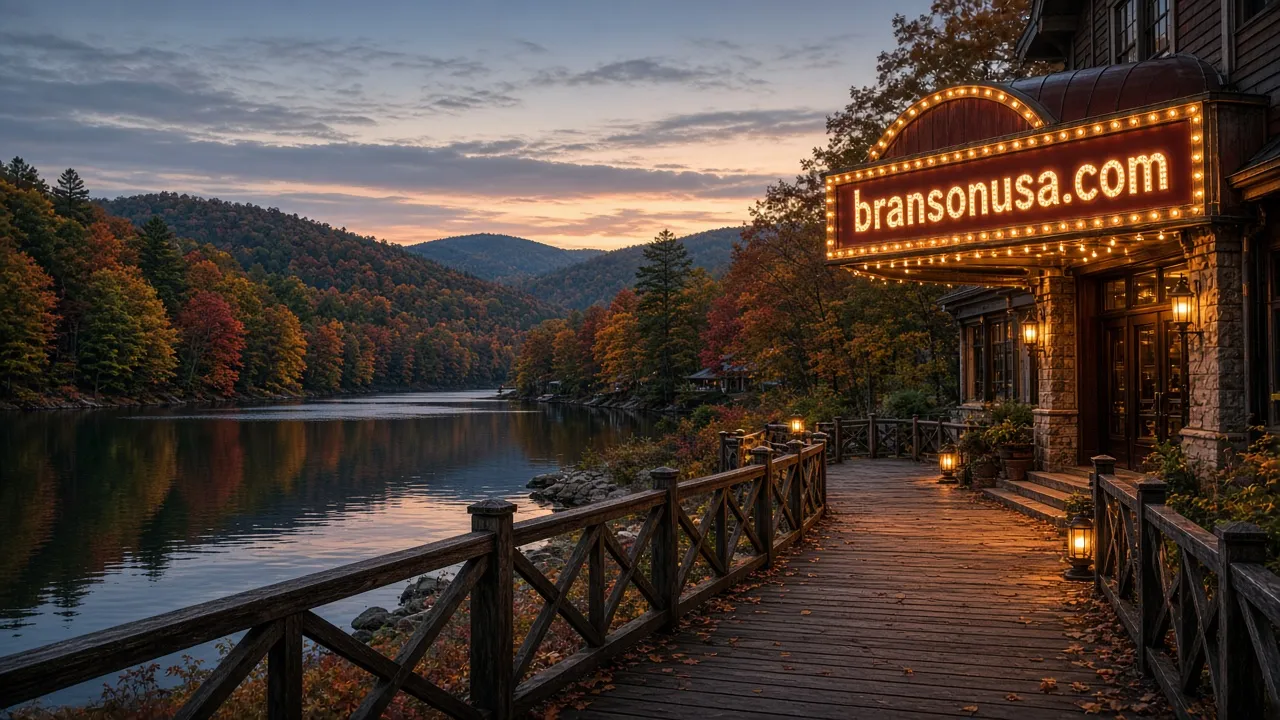 Autumn Ozark hills and a lakeside boardwalk at twilight beside a theater marquee lit with bulbs spelling bransonusa.com