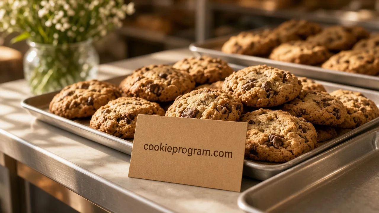 Trays of fresh chocolate chip cookies on a bakery counter with a kraft card reading "cookieprogram.com".