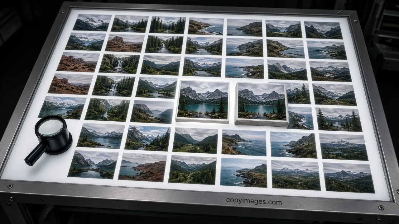 Glowing light table covered in a grid of landscape photo prints with a duplicate stack and a loupe, the frame engraved copyimages.com