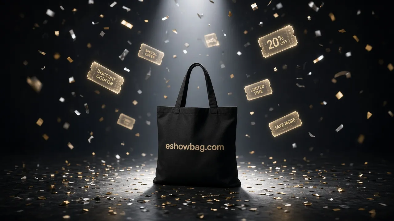 Spotlit black tote bag on a dark stage amid falling confetti and glowing floating coupons, the bag printed eshowbag.com