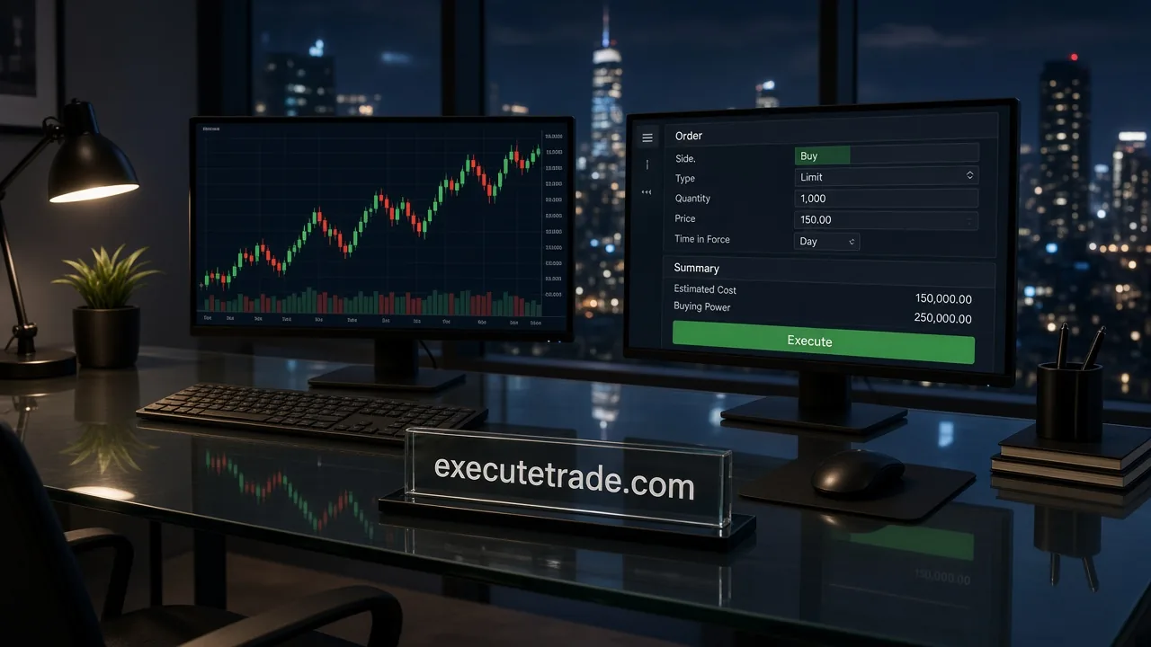 Trading desk at night with chart and order screens and a glass nameplate reading "executetrade.com".