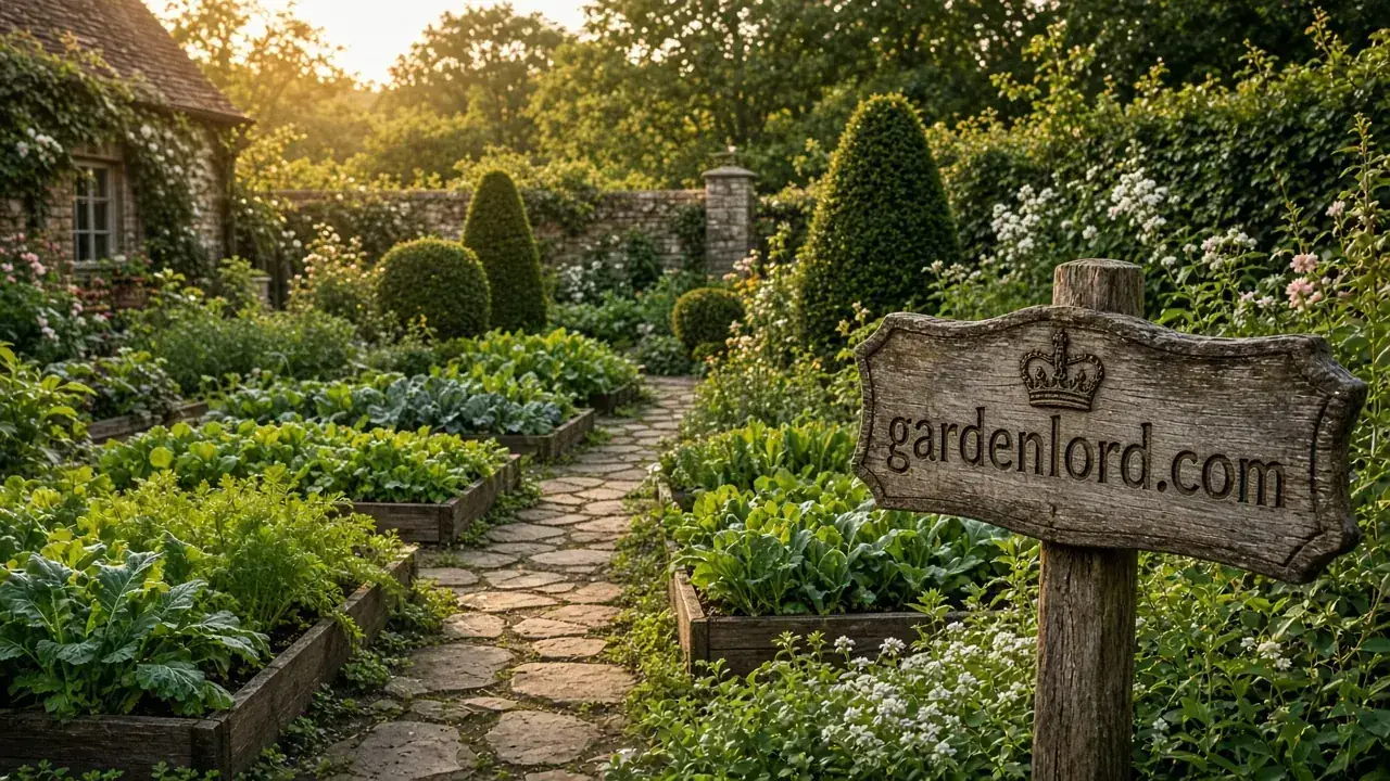 English kitchen garden at golden hour with a carved wooden crown sign reading gardenlord.com