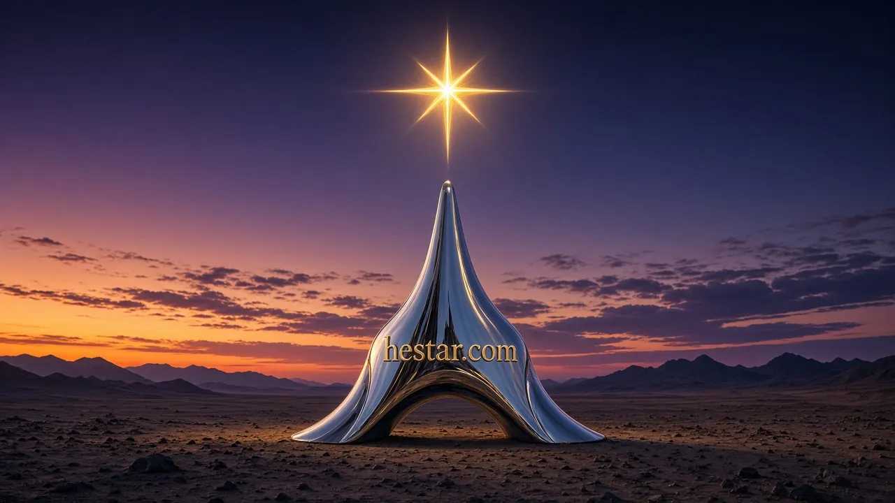 Chrome monument under a bright star in a twilight desert, engraved with "hestar.com".