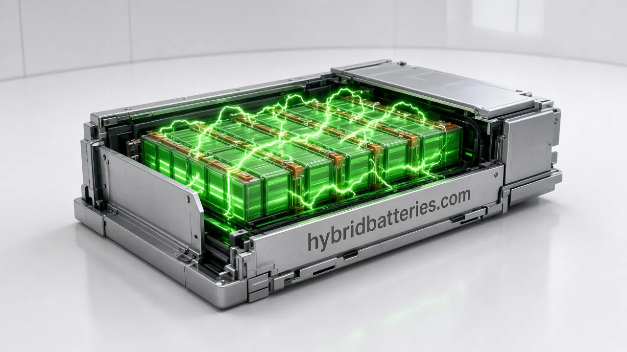 Cutaway battery pack with glowing green cells and electric arcs, its steel casing etched "hybridbatteries.com".