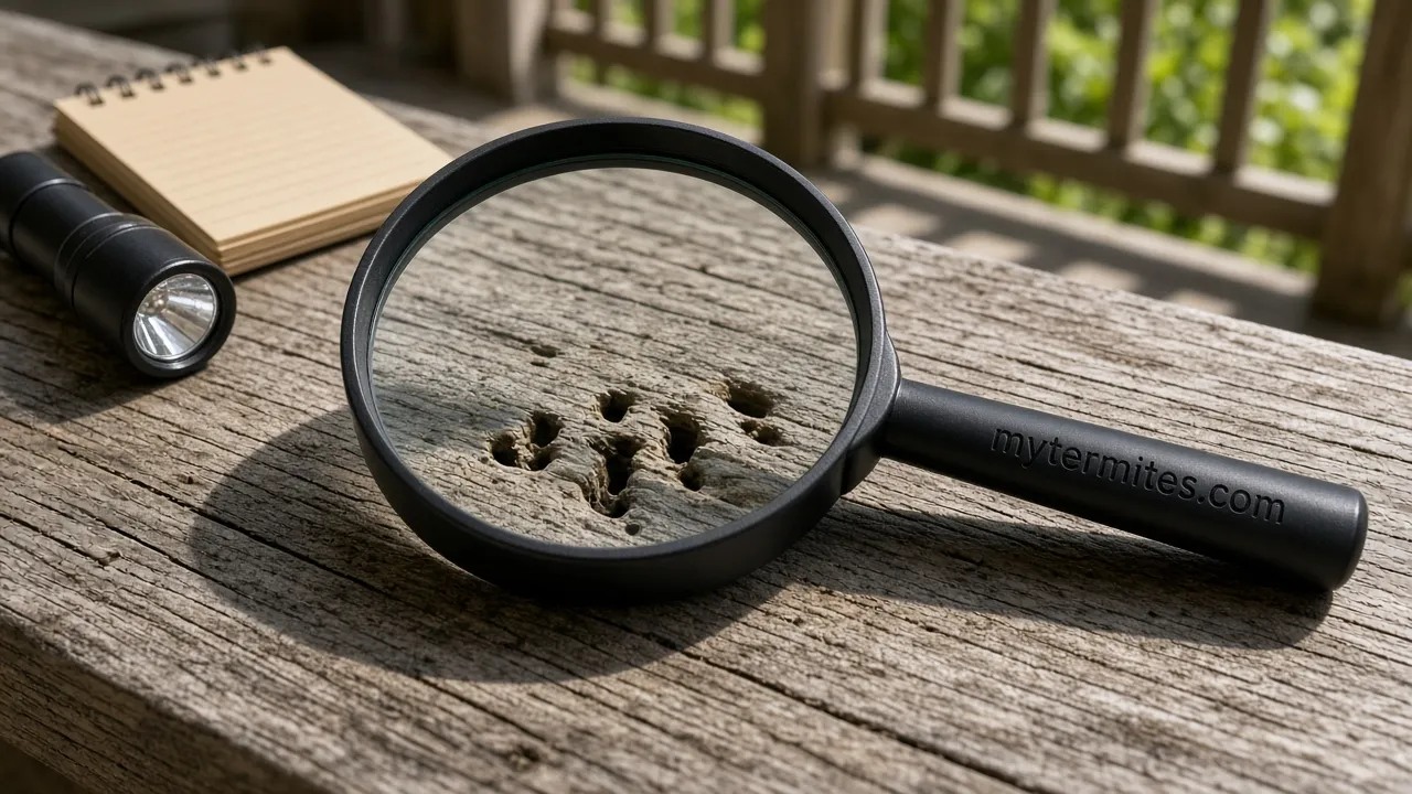 Magnifying glass over pitted porch wood with its handle engraved "mytermites.com".