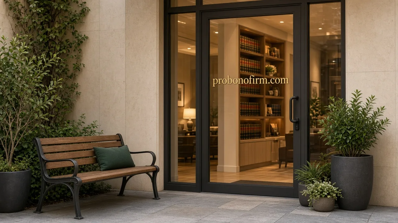 Glass entrance door to a welcoming law office library lettered "probonofirm.com".