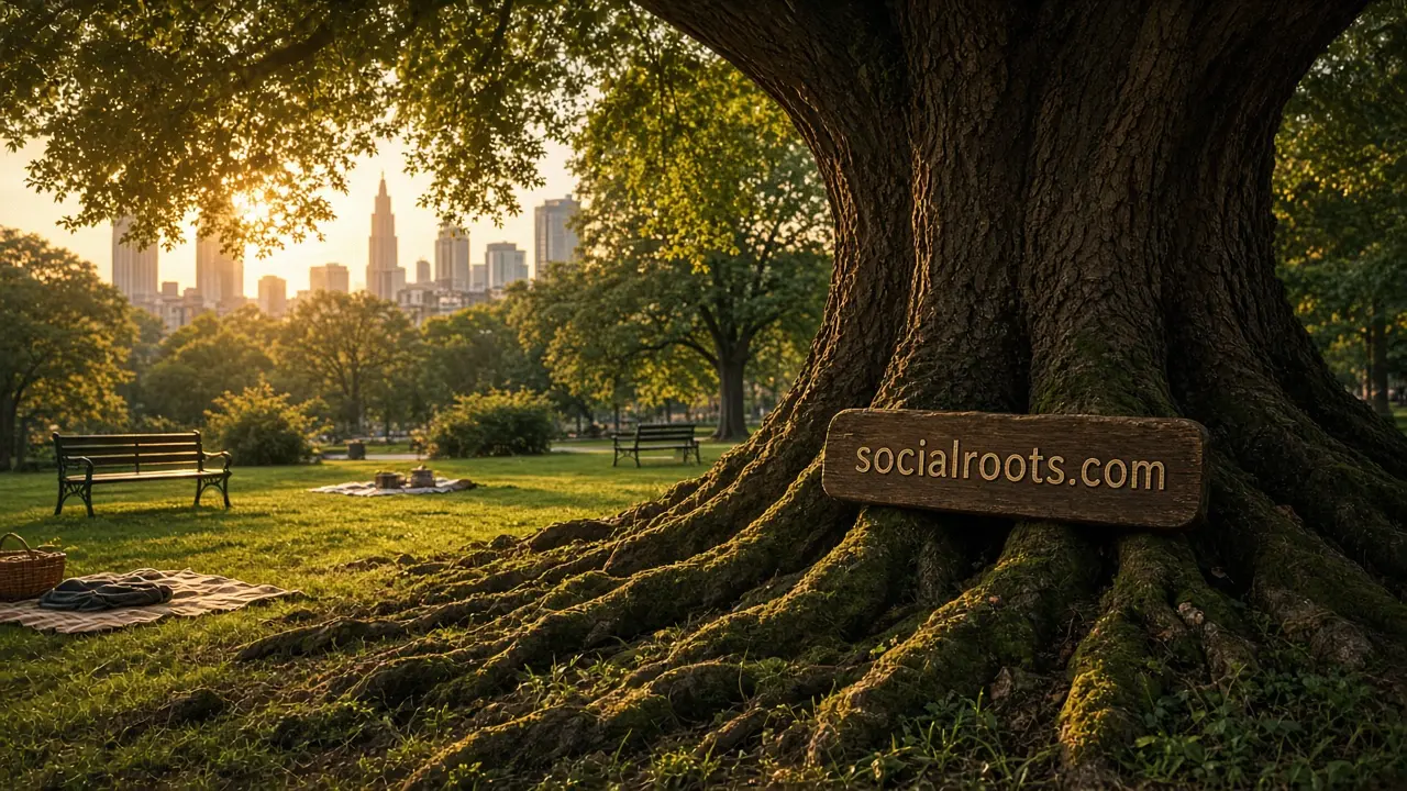 Old park tree with sprawling mossy roots and a carved wooden sign reading "socialroots.com" at golden hour.