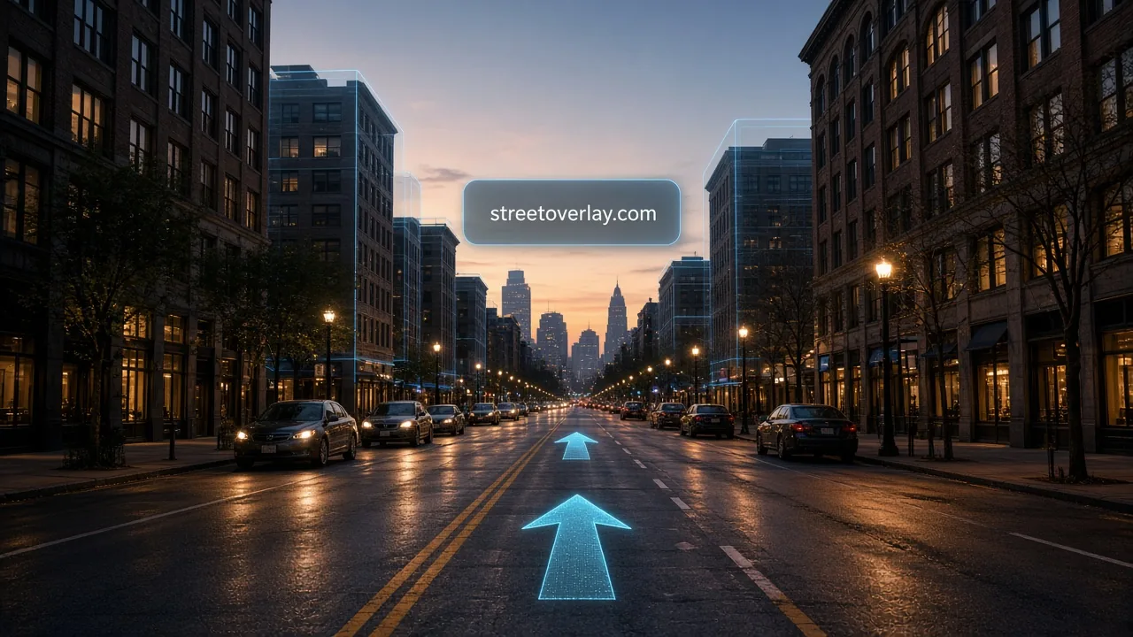 City street at dusk with glowing augmented-reality arrows on the road and a floating label reading "streetoverlay.com".