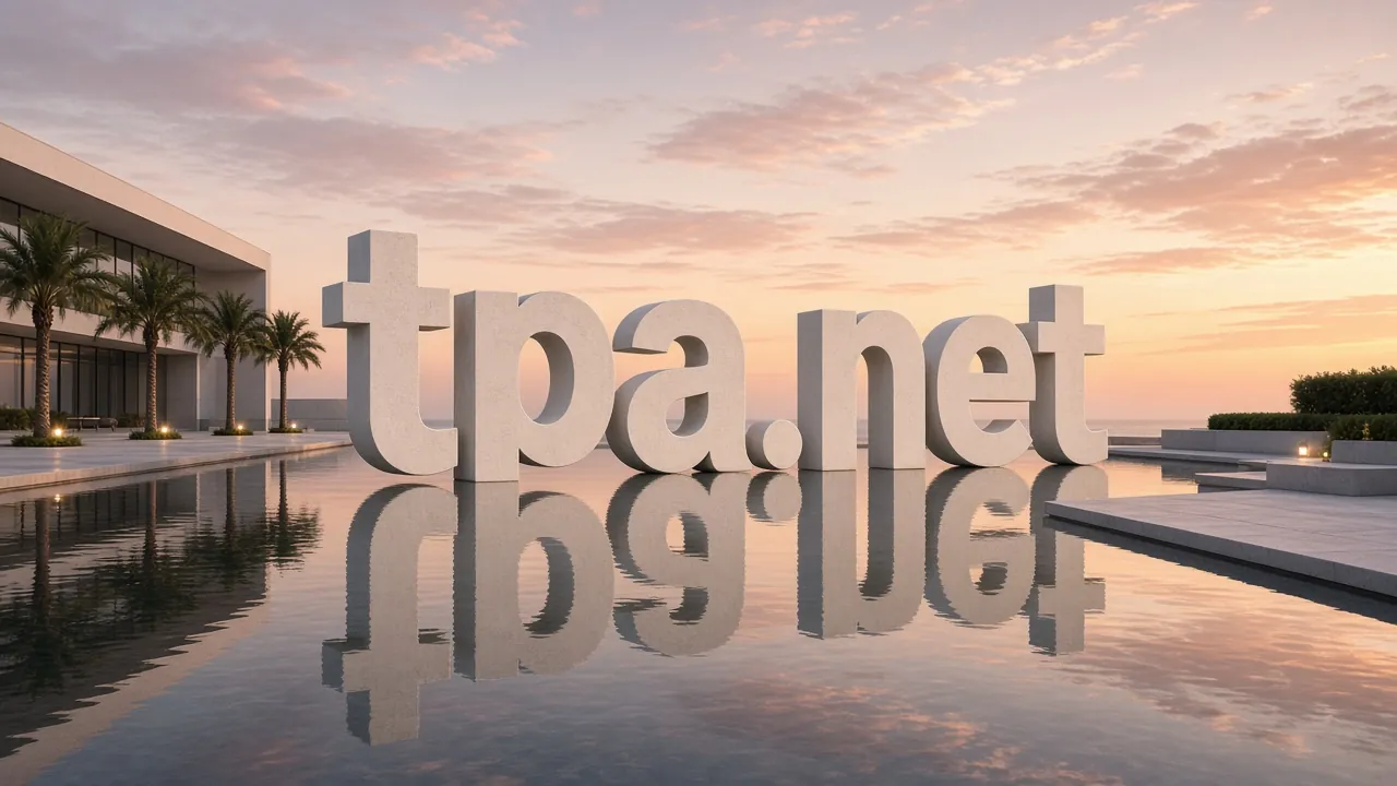Giant white sculpted letters spelling "tpa.net" standing in a reflecting pool at a palm-lined plaza at sunset.