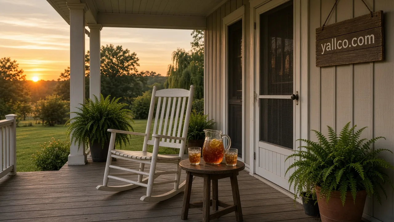 Southern porch at sunset with a rocking chair and sweet tea beside a hanging sign reading "yallco.com".